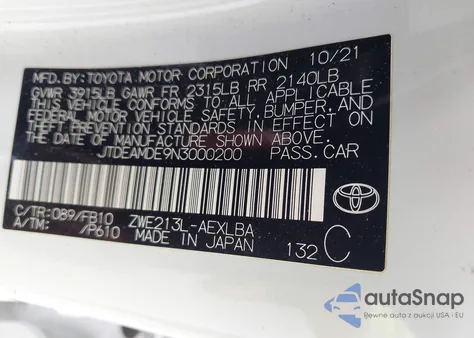 2022 Toyota Corolla Hybrid Le z USA, uszkodzony, nr VIN JTDEAMDE9N3000200